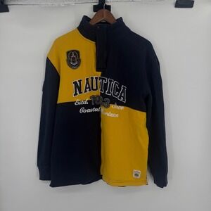 Nautica Mens Quarter Zip Pullover Sweatshirt Colorblock‎ 1983 Logo Patch